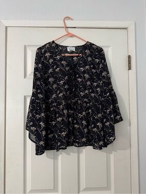 Floral Lace-Trim Peplum Blouse - Navy with Cream Flowers